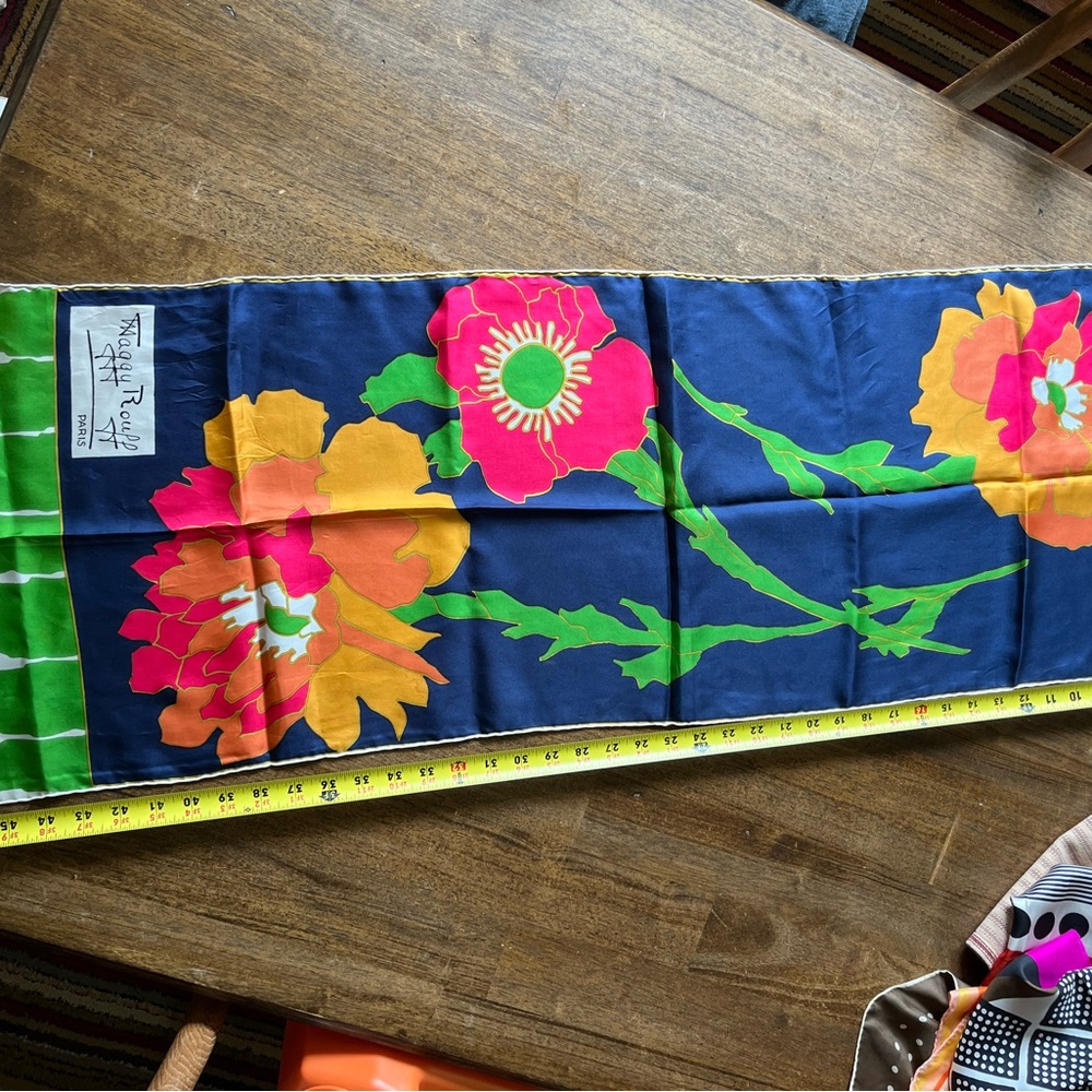Maggy Rouff for Bonwit Teller Vintage Silk Floral Blue and Green Scarf